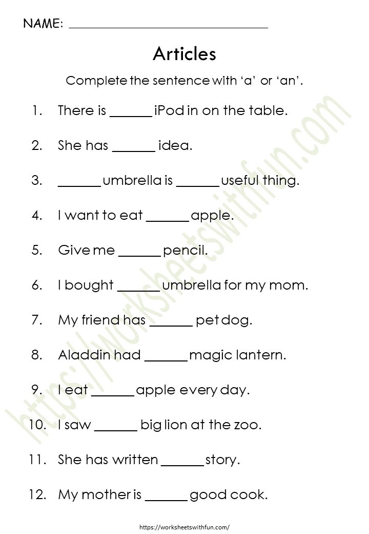 English class 1 articles worksheet 8 wwf